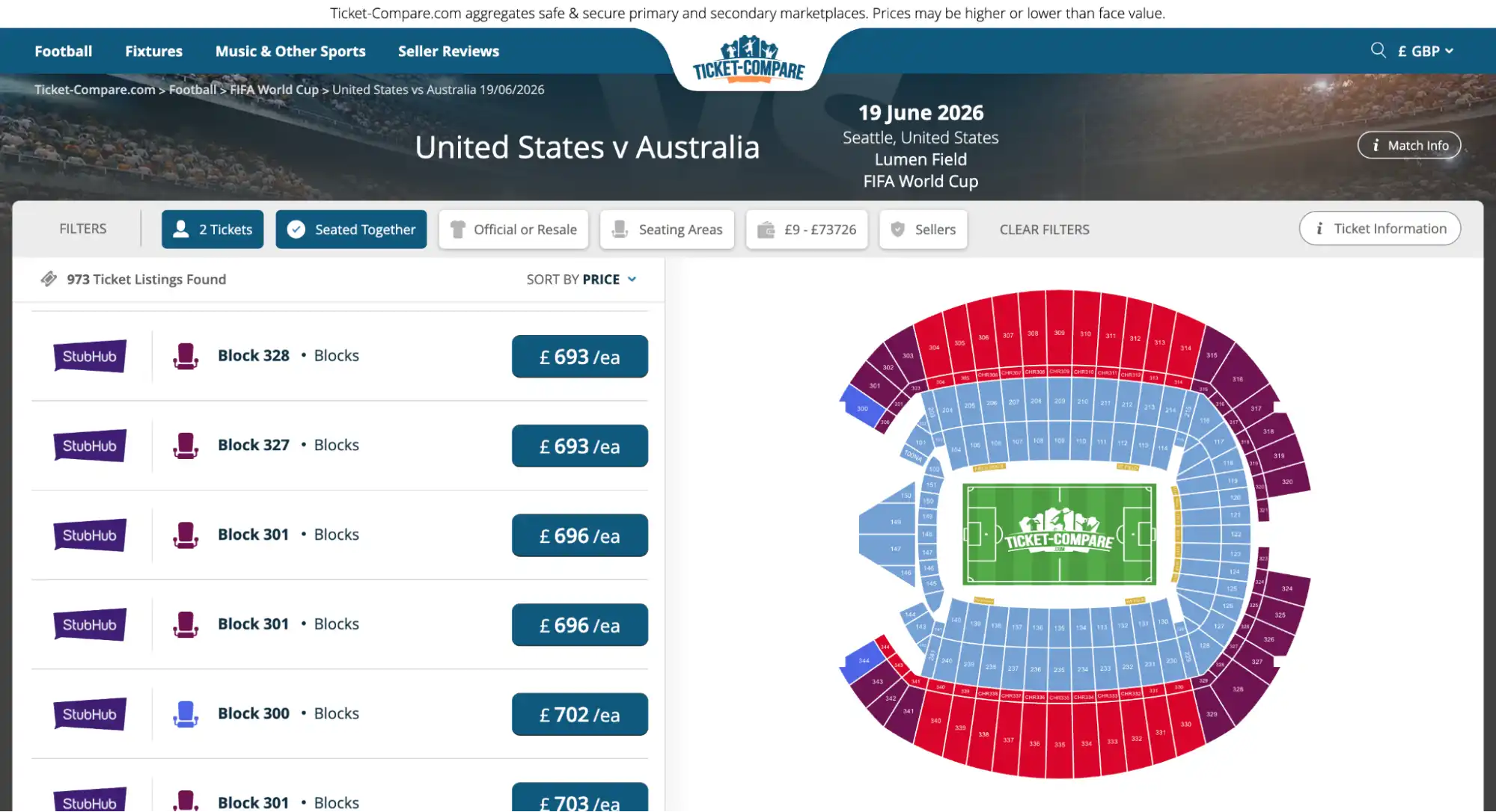 screenshot of United States vs Australia match tickets page on ticket-compare.com