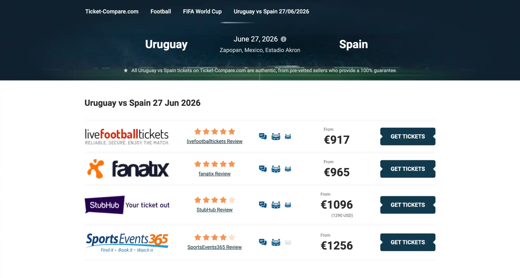 screenshot of Uruguay vs Spain match tickets page