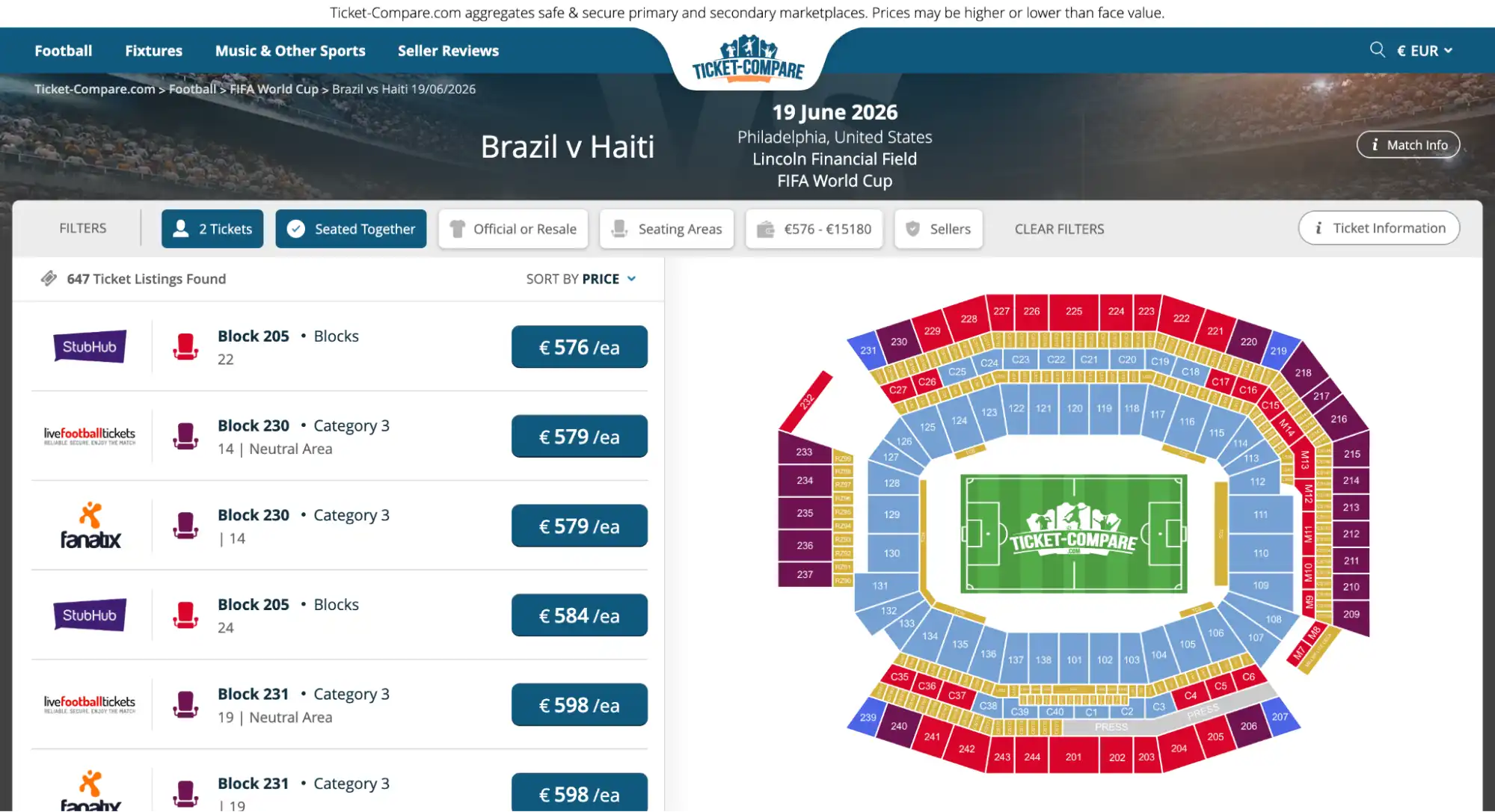 screenshot of Brazil vs Haiti match tickets page