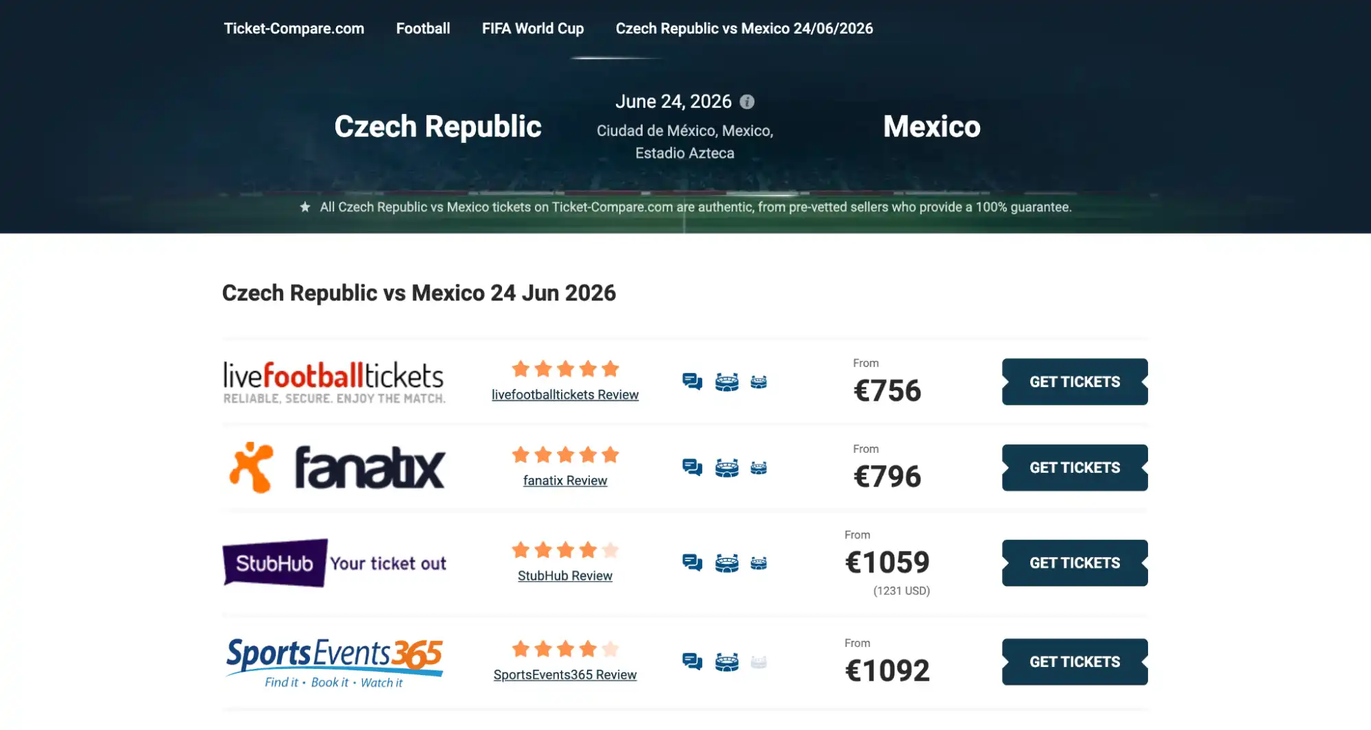 screenshot of Czech Republic vs Mexico match tickets page