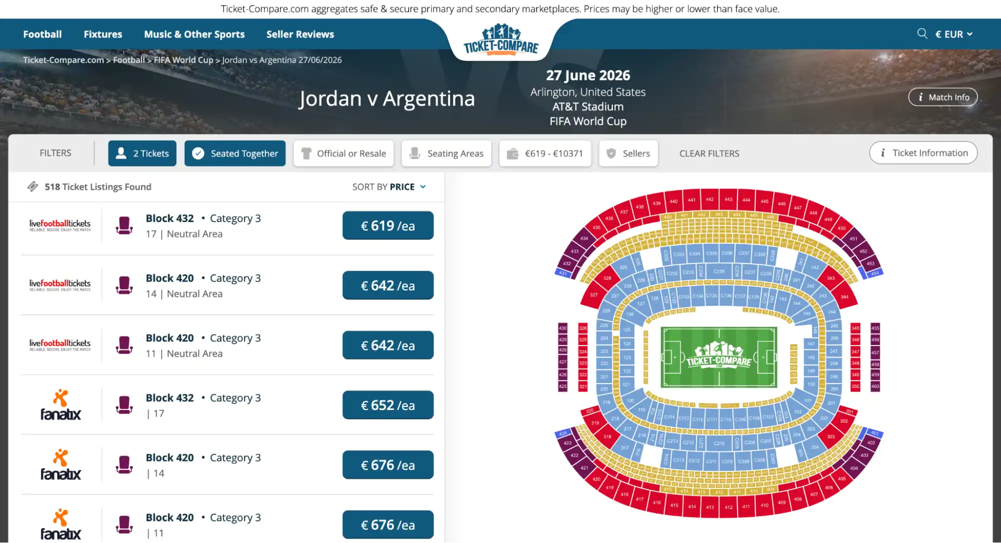 screenshot of Jordan vs Argentina match tickets page