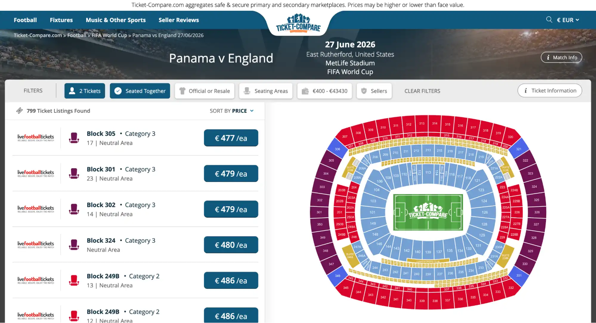 screenshot of Panama vs England match tickets page