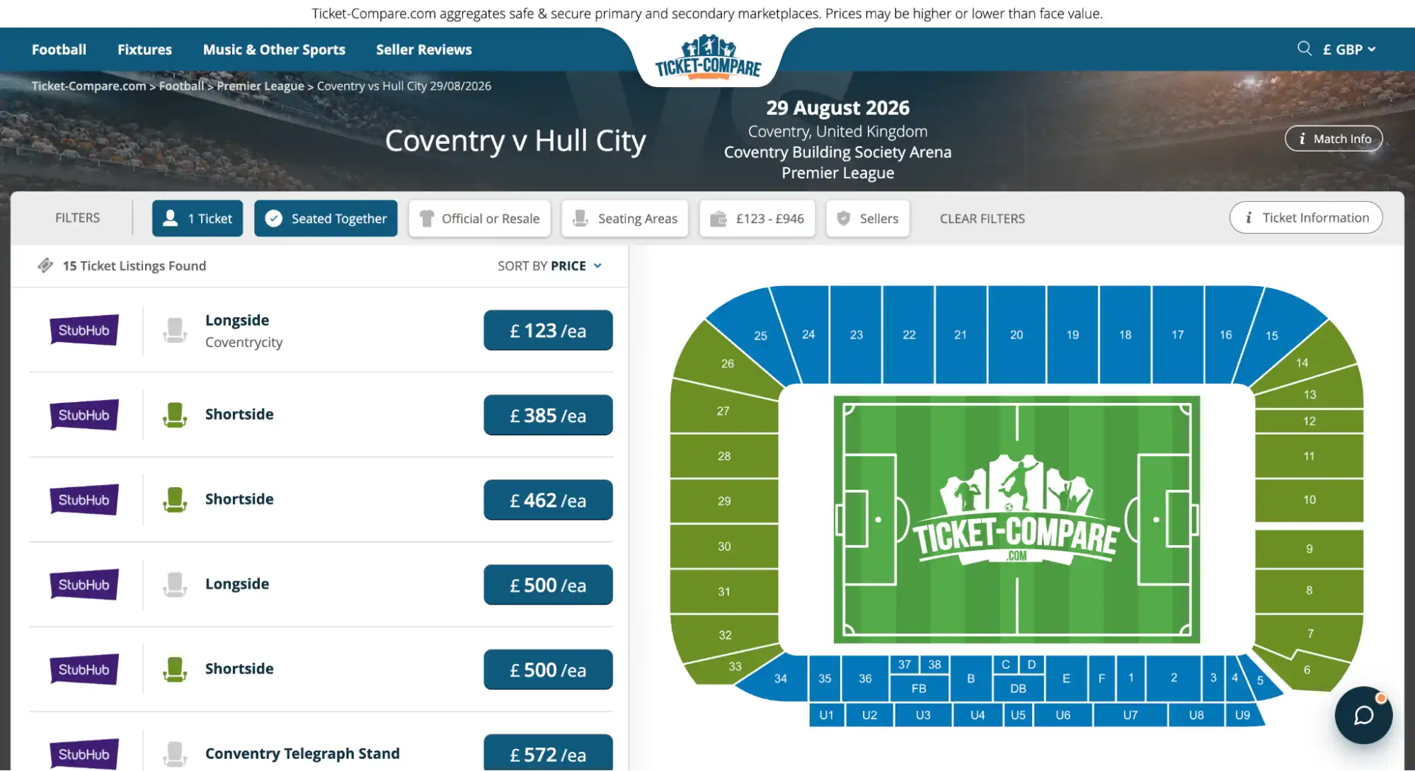Screenshot Coventry vs Hull City tickets