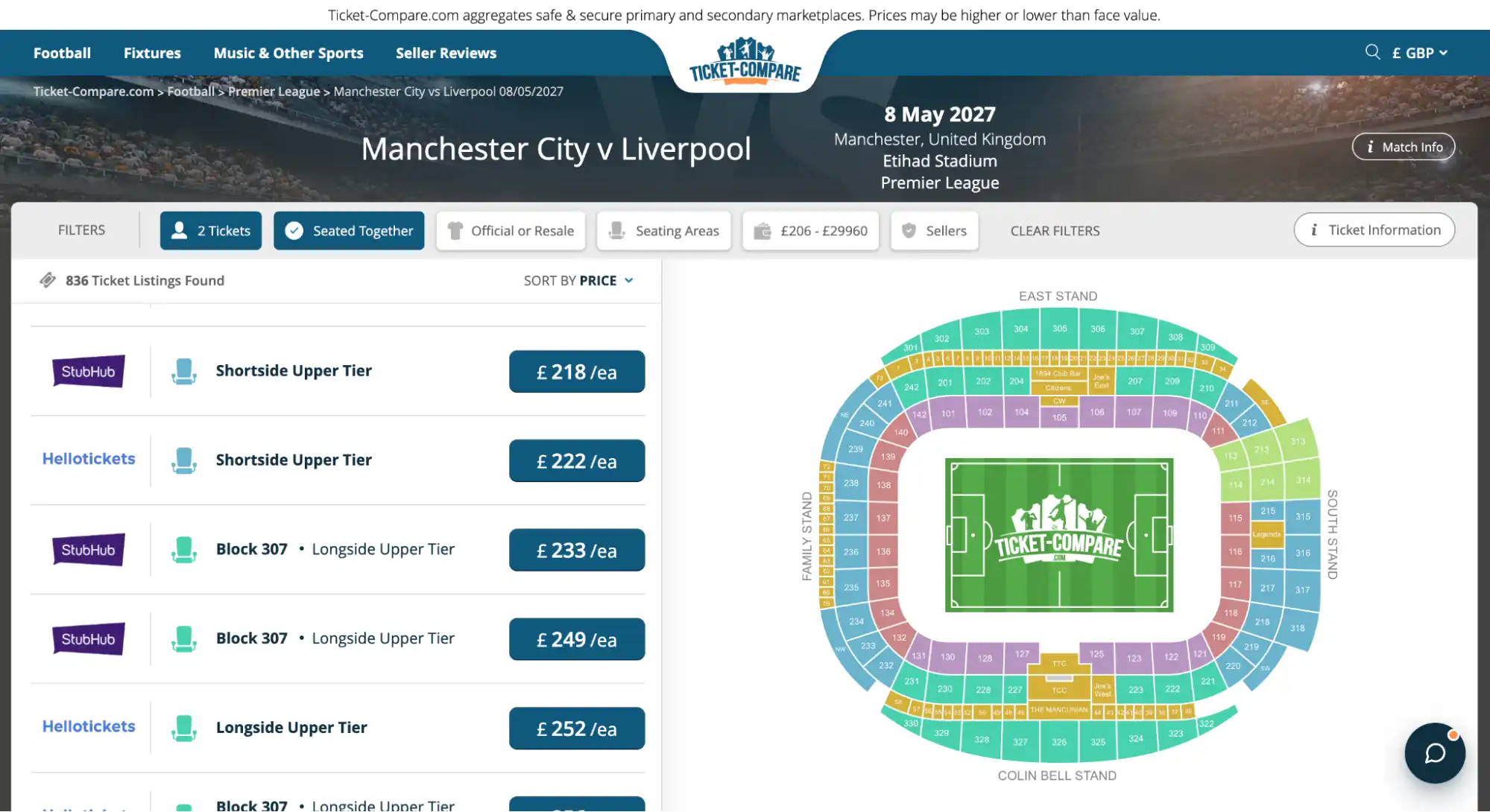 כרטיסים לManchester City נגד Liverpool