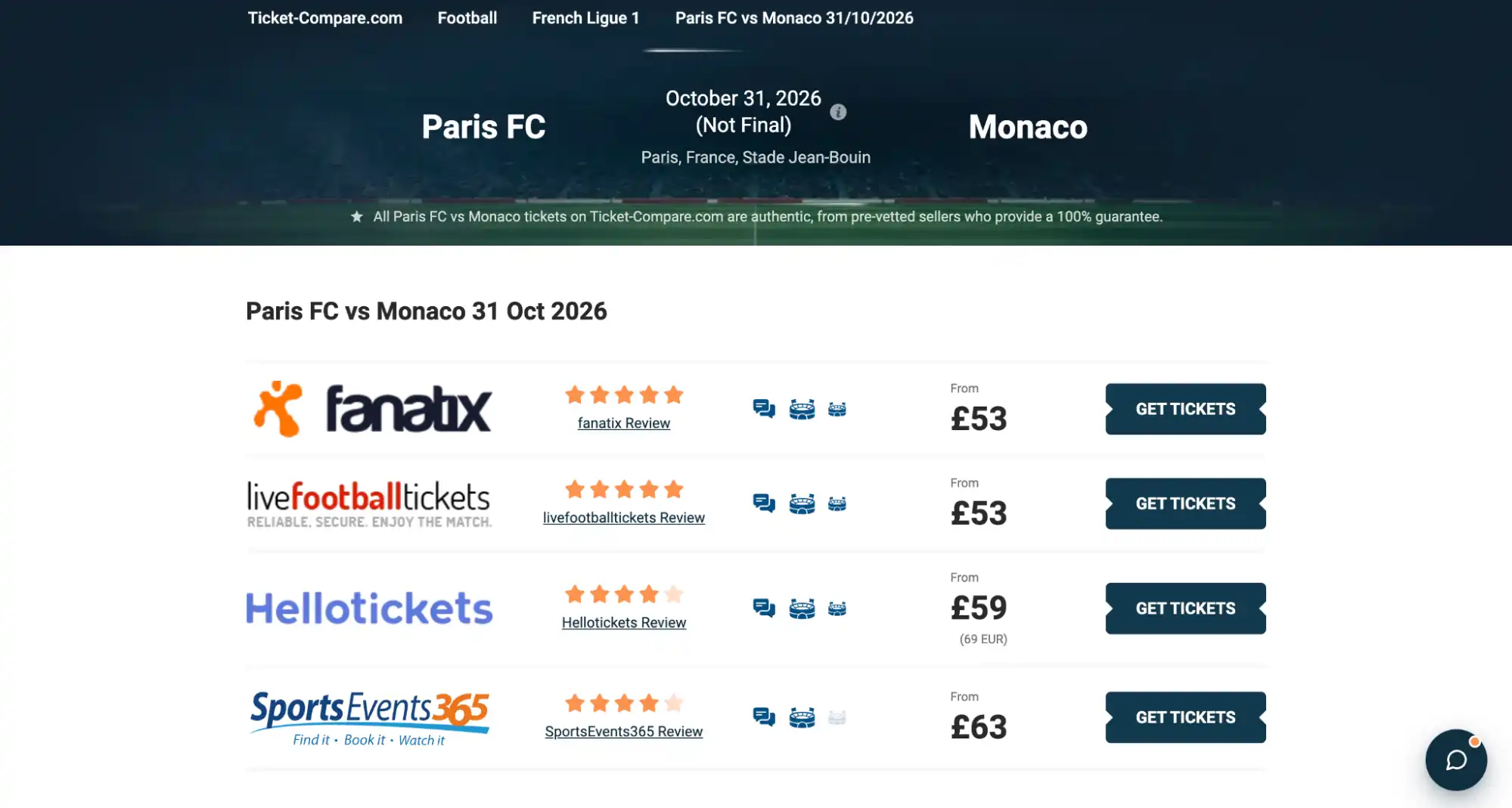 כרטיסים לParis FC נגד Monaco