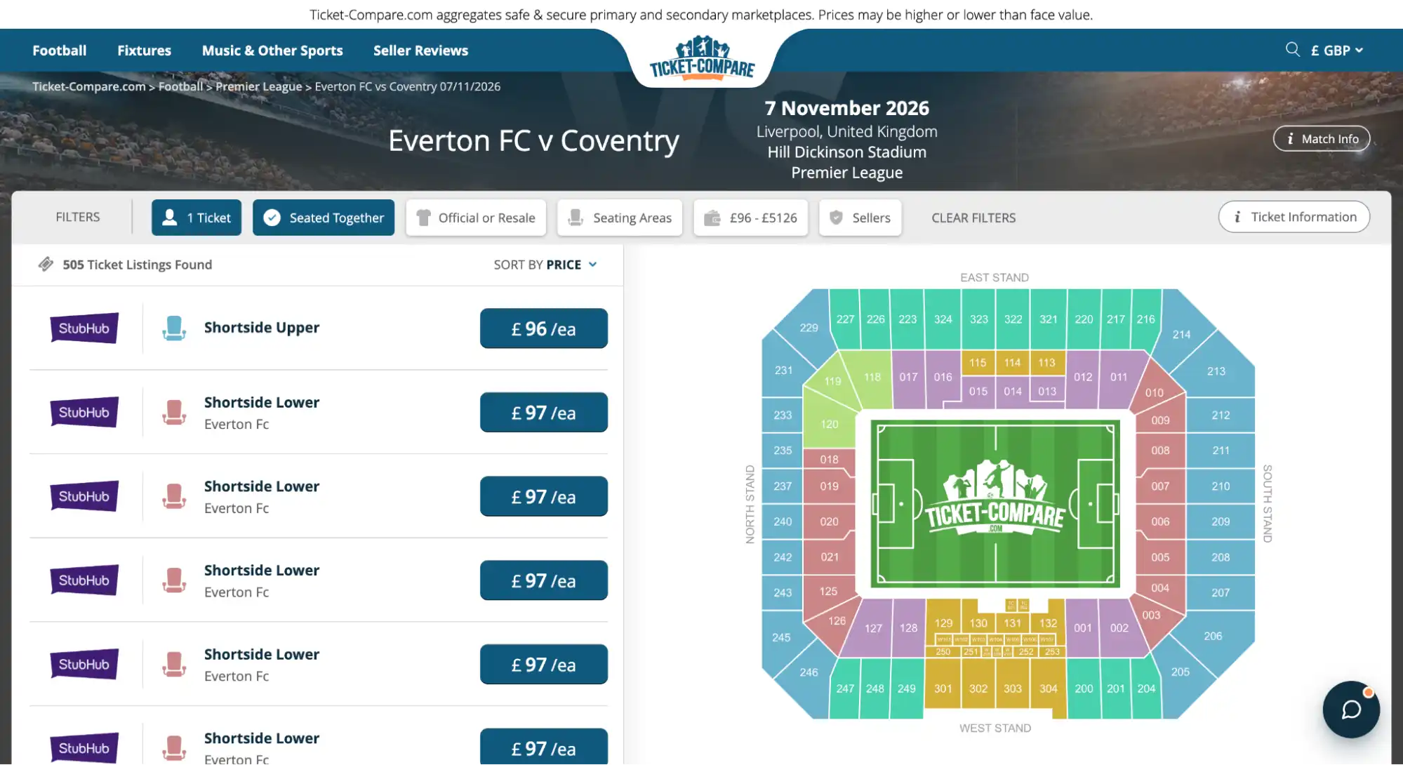 screenshot of Everton FC v Coventry tickets page
