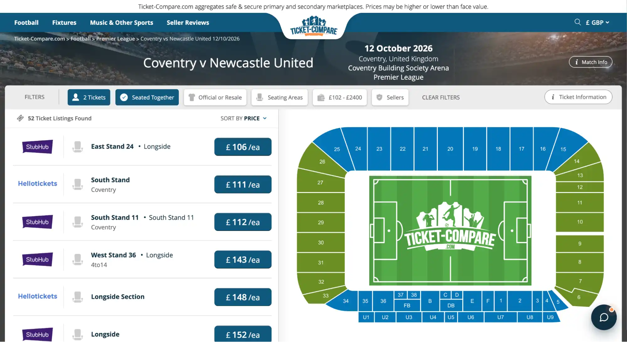 screenshot of Coventry v Newcastle United ticket page